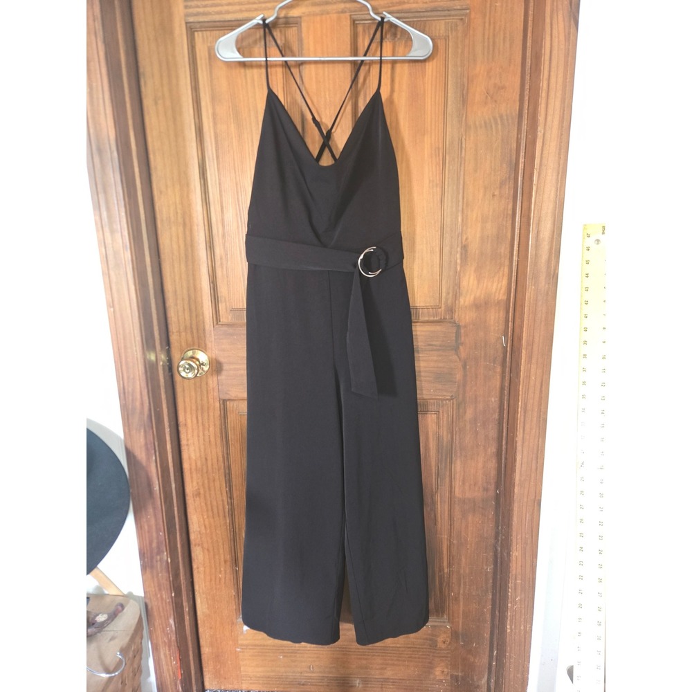 Urban Outfitters Black Wide Leg Jumpsuit V-Neck O-Ring Belt Size‎ 4